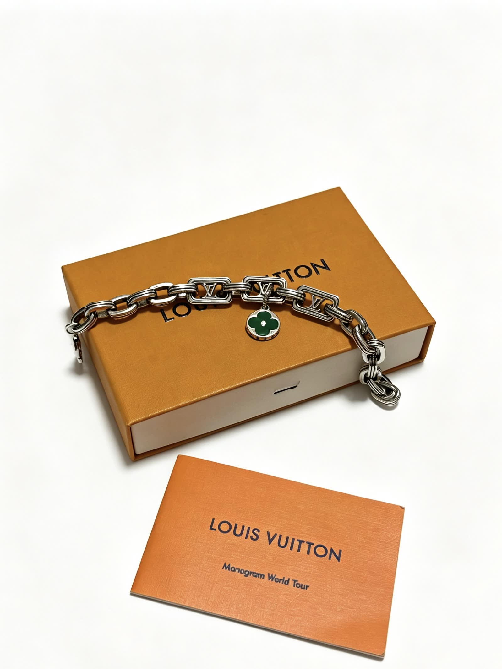 Louis Vuitton Silver Bracelet with Green Clover Charm
